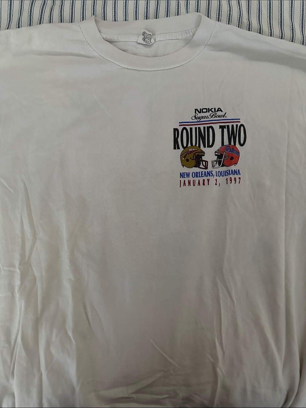 Vintage 1997 Sugar Bowl Tee with Multicolor Football Helmets Graphic FSU vs UF
